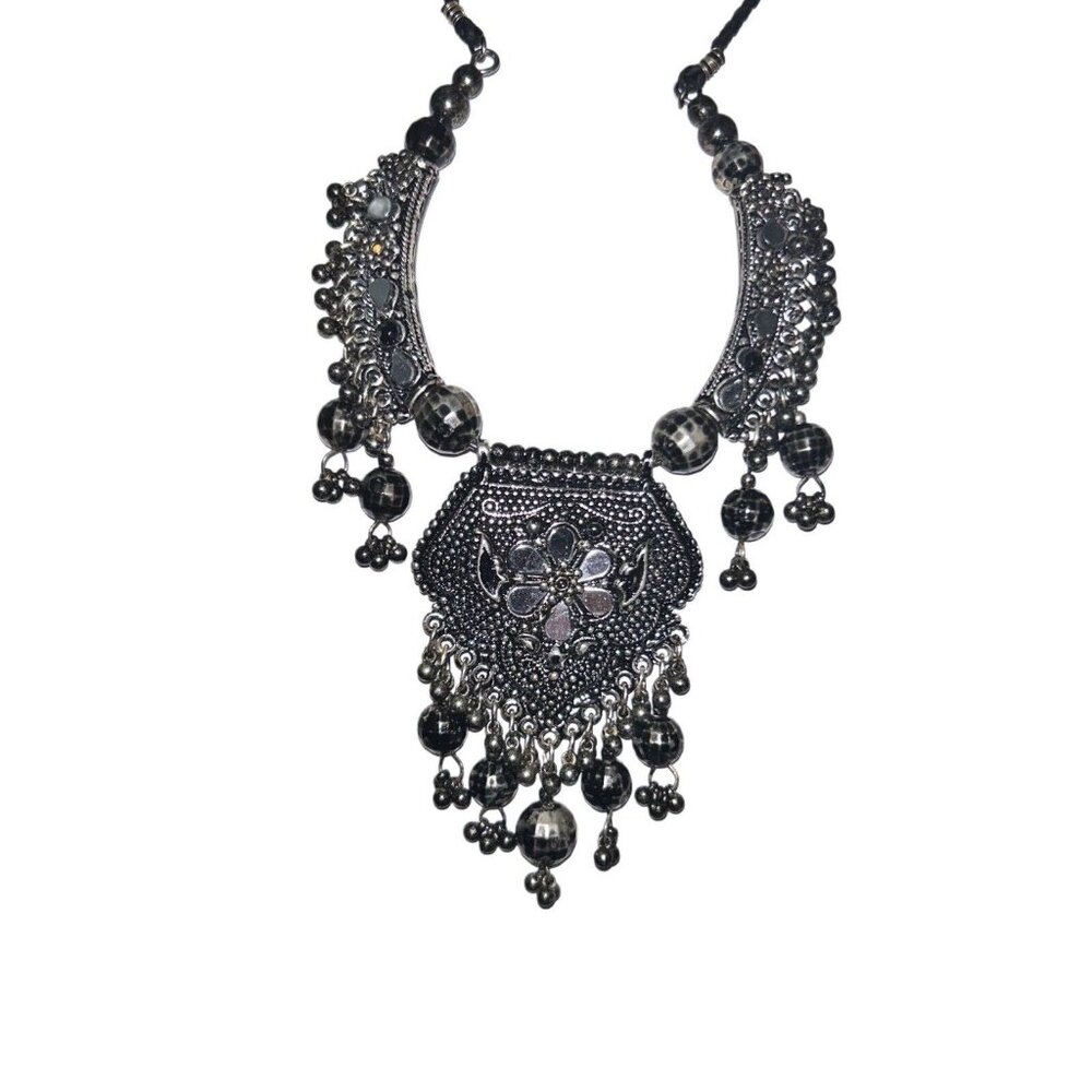 Urban Outfitters Leather Cord Long Statement Metal Bead Fringe Boho Bib Necklace